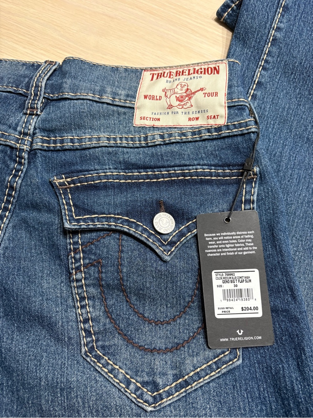 True Religion Men's Relaxed Slim Jeans - Mid Blue Denim with Contrast Stitching